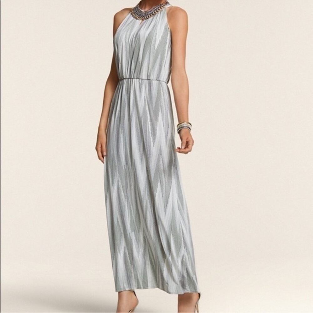 NWT CHICOS 1 TIME TO SHINE CHEVRON MAXI DRESS Gray Silver White Halter - SKU:514